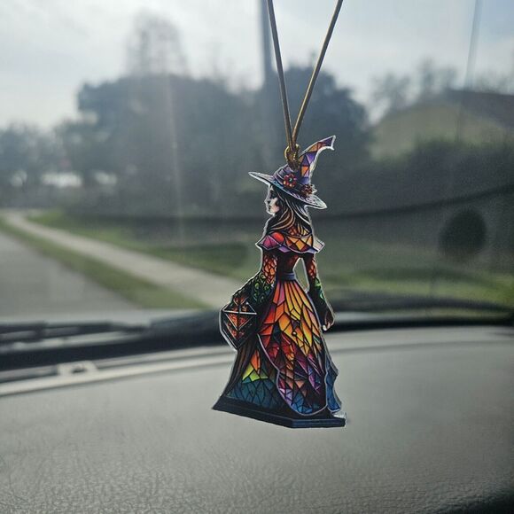 Acrylic Vintage Witch In Magical Stained Glass Dress Ornament Pendant - Picture 4 of 7